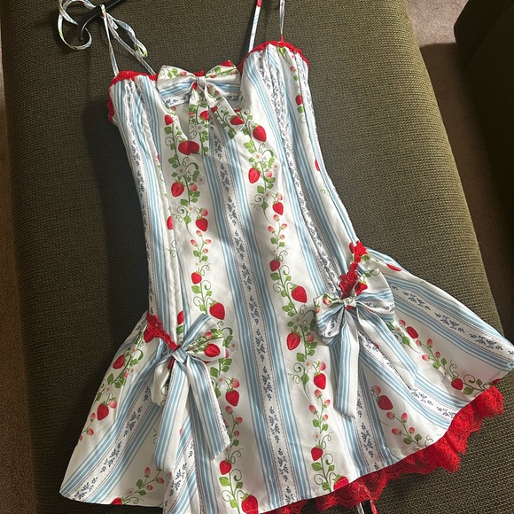 RARE Sugar Thrillz Blue and Red Lace Strawberry Floral Mini Dress - Picture 1 of 10
